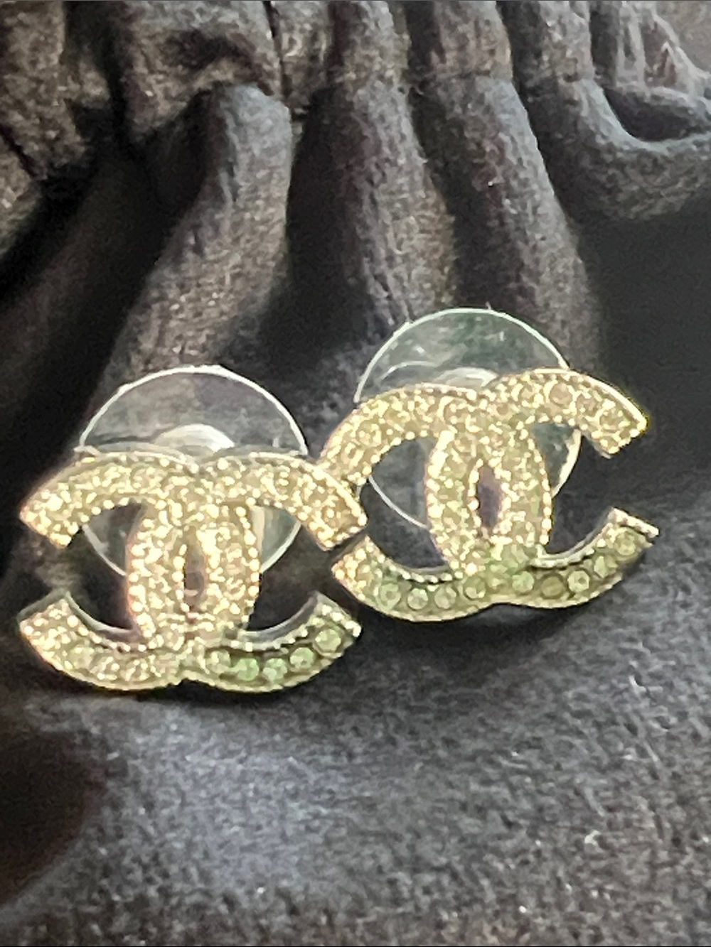CHANEL Silver Crystal Double C Stud Earrings